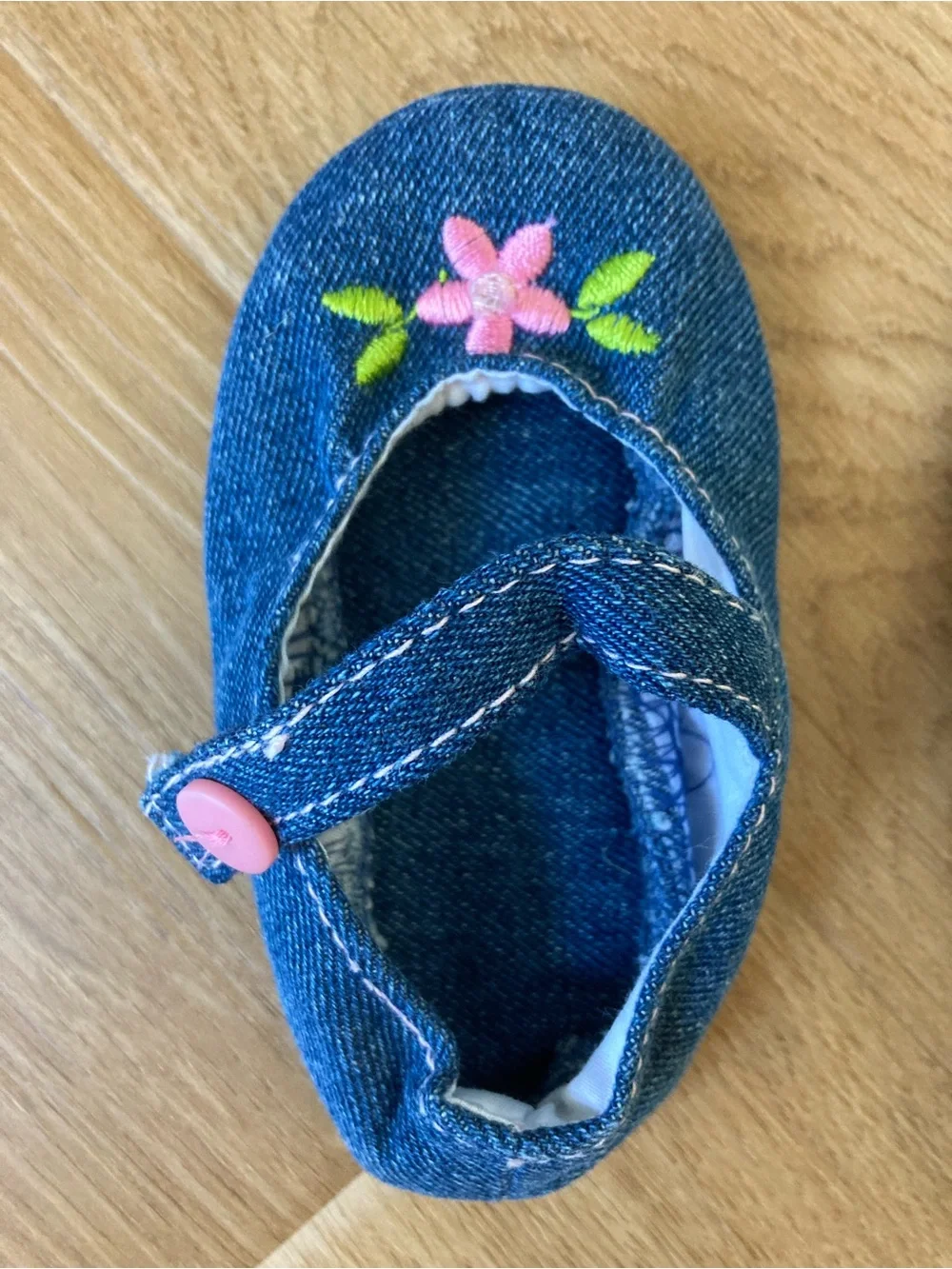 Vintage Denim Baby Mary Janes with Pink Flower Accents